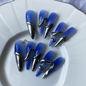 屿辰【蓝色鎏银液体】穿戴甲纯手工定制Y2K辣妹腮红立体原创设计