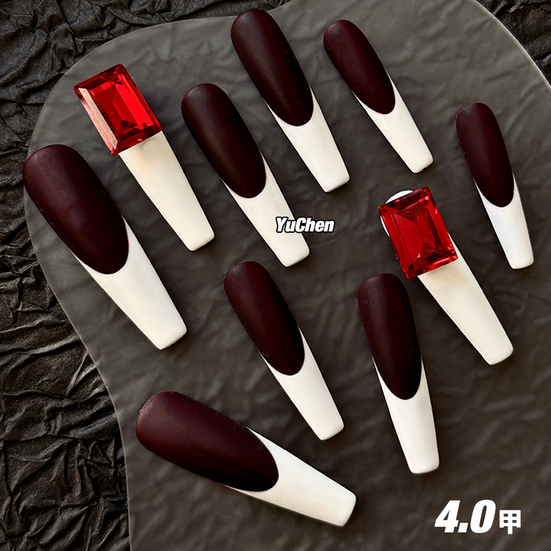 屿辰原创|红镜 美甲穿戴甲K9冰糖磨砂血红色白法式设计4.0超长甲