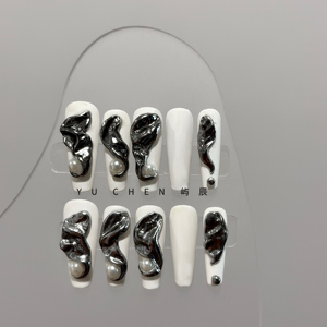 屿辰手工穿戴甲【迷幻西太后】Y2K银白色立体手绘蛇银闪辣妹美甲