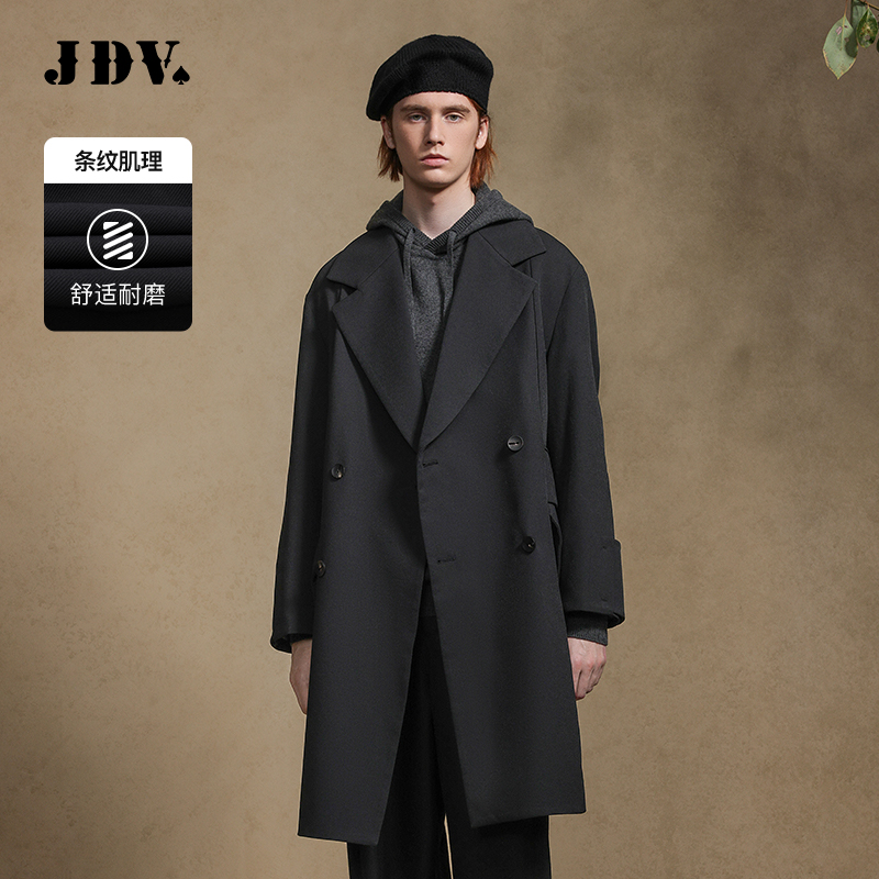 JDV2025早秋新品商场同款黑色男士双排扣风衣翻领宽松外套WCW4454