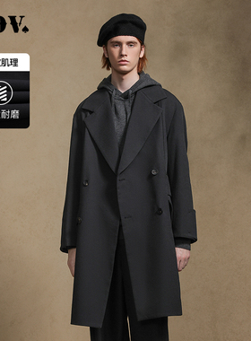 JDV奥莱旗舰店春秋折扣新品黑色男士双排扣风衣翻领宽松外套