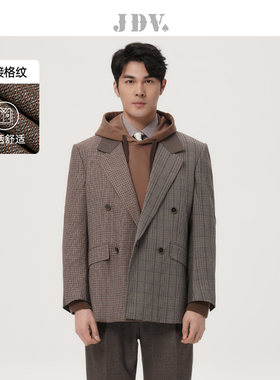 JDV男装春秋新品格纹双排扣拼接休闲西装百搭西服外套WMJ3004