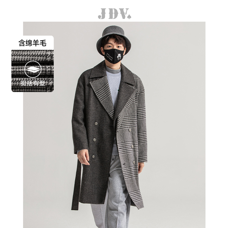 JDV商场同款灰色撞色潮呢大衣