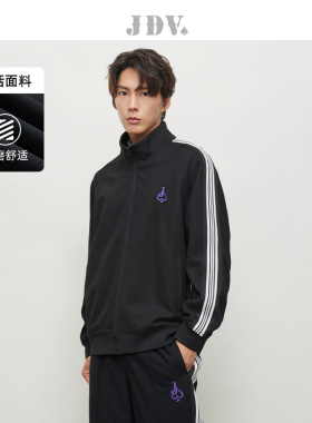 JDV男装春秋新款黑色潮流百搭条纹刺绣拉链长袖休闲夹克外套