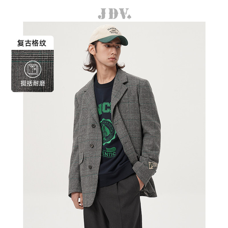 JDV奥莱旗舰店春秋折扣新品灰色格纹单排扣休闲西服外套WMJ3006