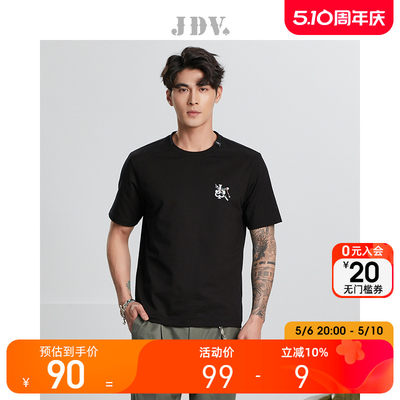 JDV男装商场同款夏季新品黑色oversize刺绣休闲落肩短袖T恤上衣