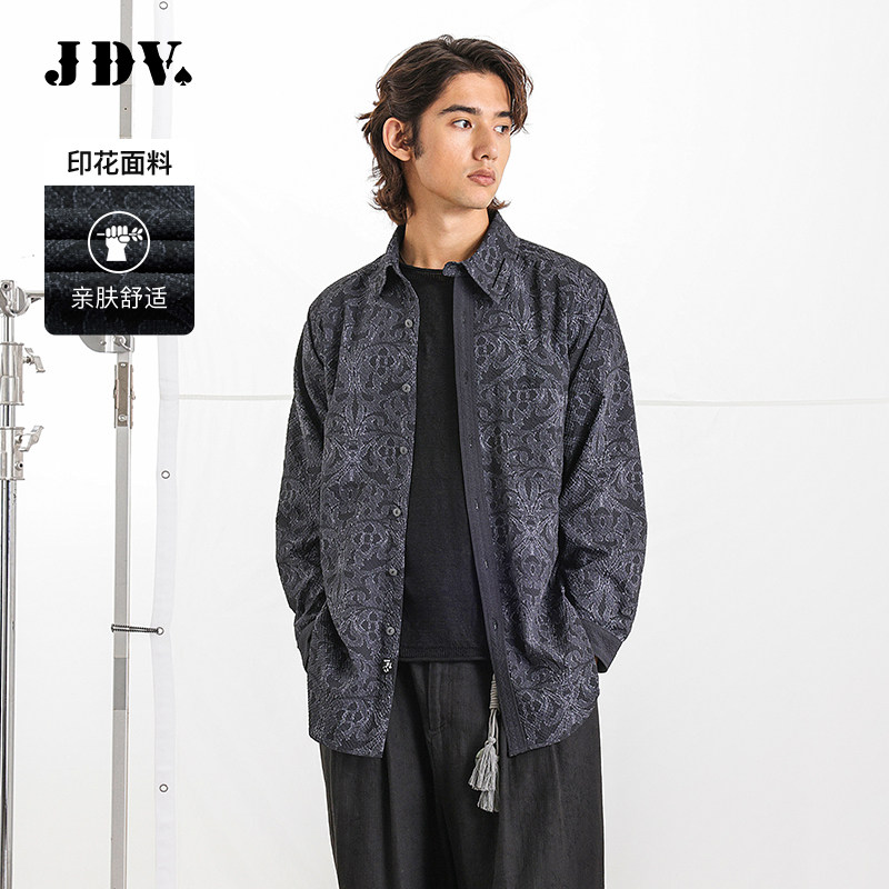 JDV奥莱旗舰店春秋折扣新品男装藏青色男士印花衬衫上衣衬衣男款