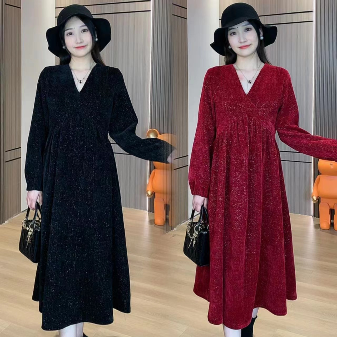 孕妇装连衣裙2022新款时尚显瘦灯芯绒亮丝气质中长款韩版加厚裙子