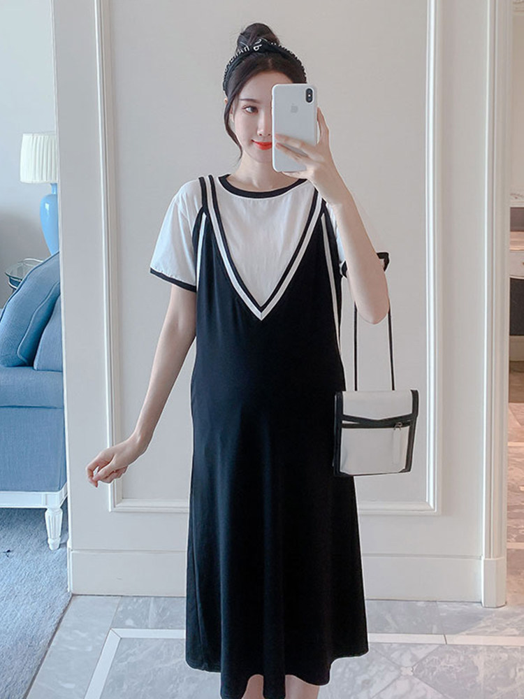 MATERNITY ATHLEISURE DRESS 2021 FASHION SUMMER NEW SHORT SLEEVE STRAP SKIRT TWO-PIECE SKIRT TIDE