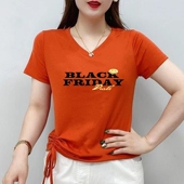 t恤百搭体恤衫 2026新款 胖mmV领短袖 装 显瘦妈妈抽绳上衣 广场舞大码