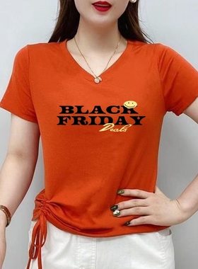 2026新款广场舞大码装胖mmV领短袖t恤百搭体恤衫显瘦妈妈抽绳上衣