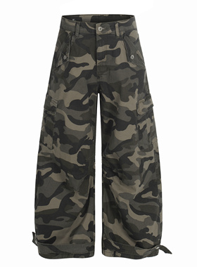 EMER新款2025潮流工装风迷彩多口袋宽松阔腿长裤男女直筒休闲裤