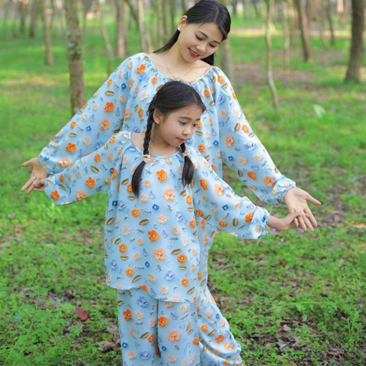 夏季新款款莱赛尔母女家居服套装长袖长裤休闲薄款莱赛尔母女套装