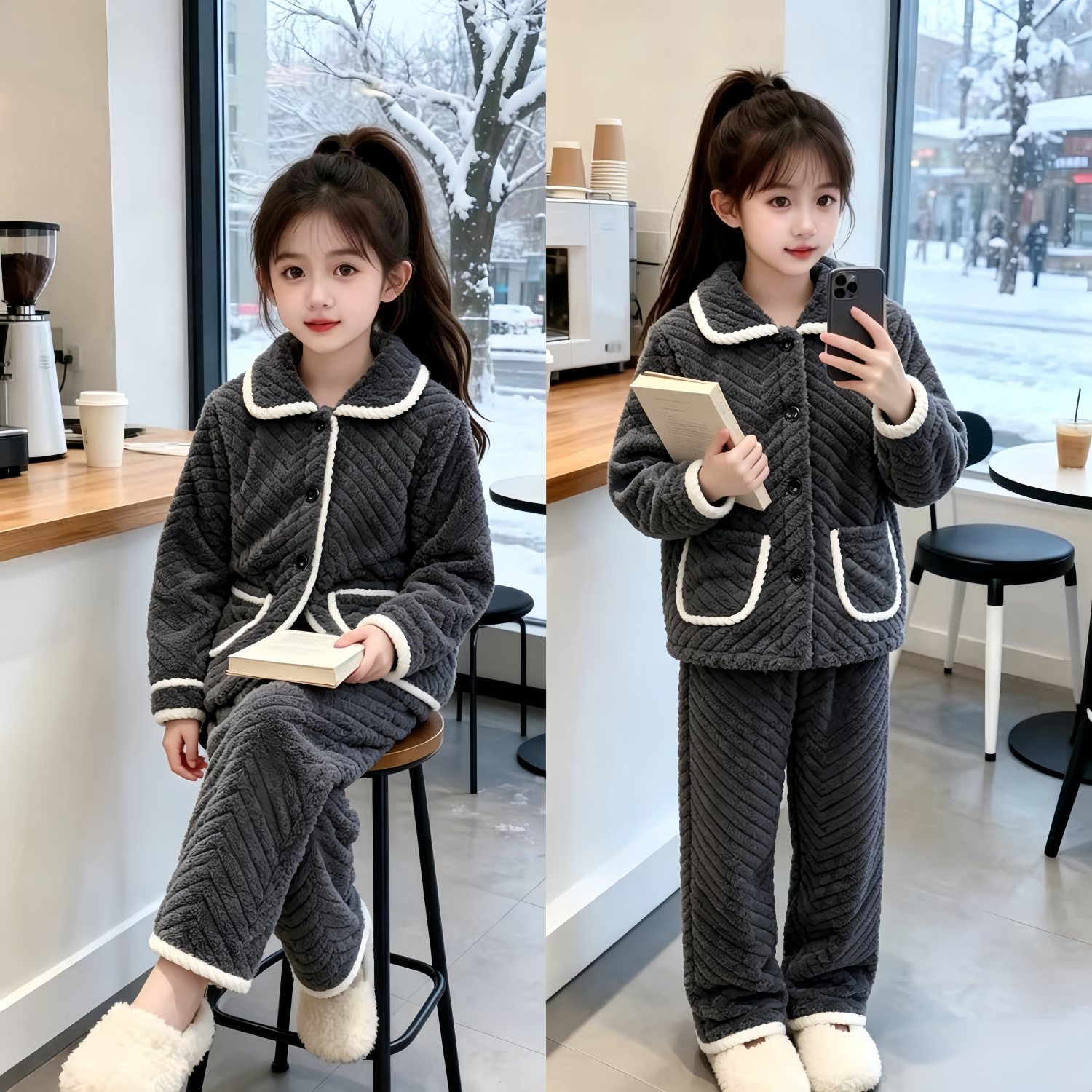 秋冬女童法兰绒加厚保暖睡衣套装