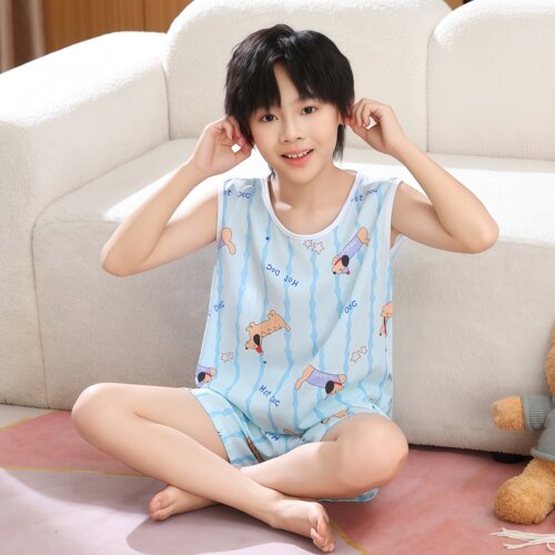 儿童软糯垂顺莱赛尔棉绸背心短裤夏季居家睡衣男无袖短裤棉绸套装