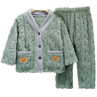 儿童秋冬季法兰绒睡衣保暖加厚男女童珊瑚绒可外穿家居服开衫套装