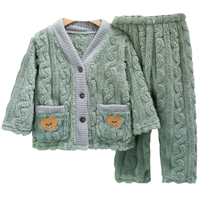 儿童秋冬季法兰绒睡衣保暖加厚男女童珊瑚绒可外穿家居服开衫套装