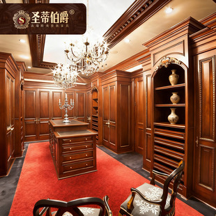 圣蒂伯爵美式 衣帽间中岛柜整体衣柜樱桃木 别墅全屋定制卧室步入式