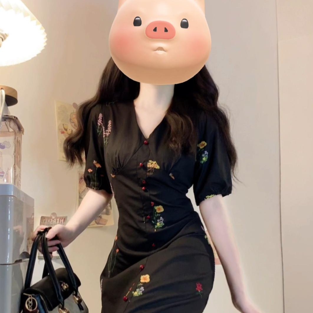 实拍~大码女装收腰显瘦刺绣韩版鱼尾拼接设计碎花连衣裙
