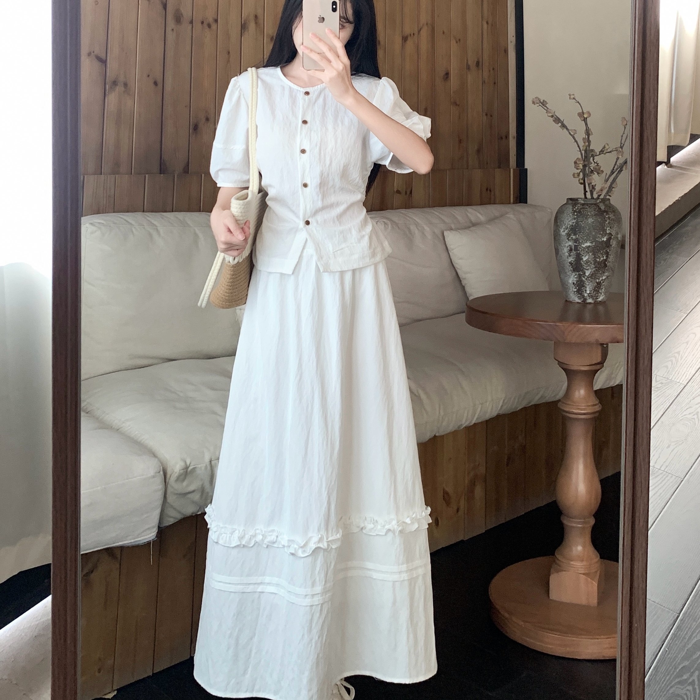 实拍~大码韩系穿搭套装裙夏季泡泡袖衬衫显瘦高腰半身裙子两件套