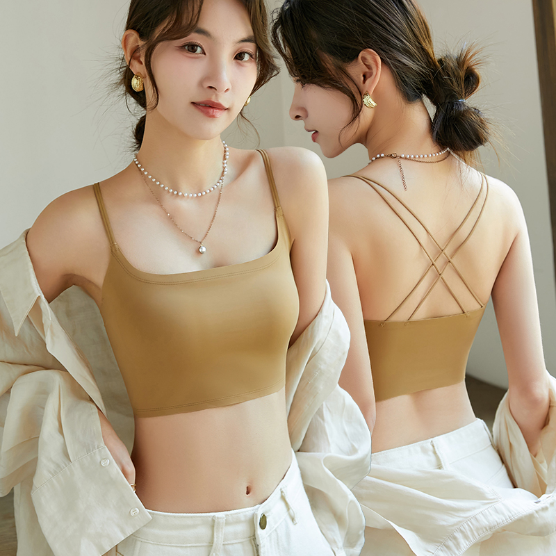 美背内衣女防走光交叉带细肩带夏季薄款带胸垫背心吊带U型抹胸女