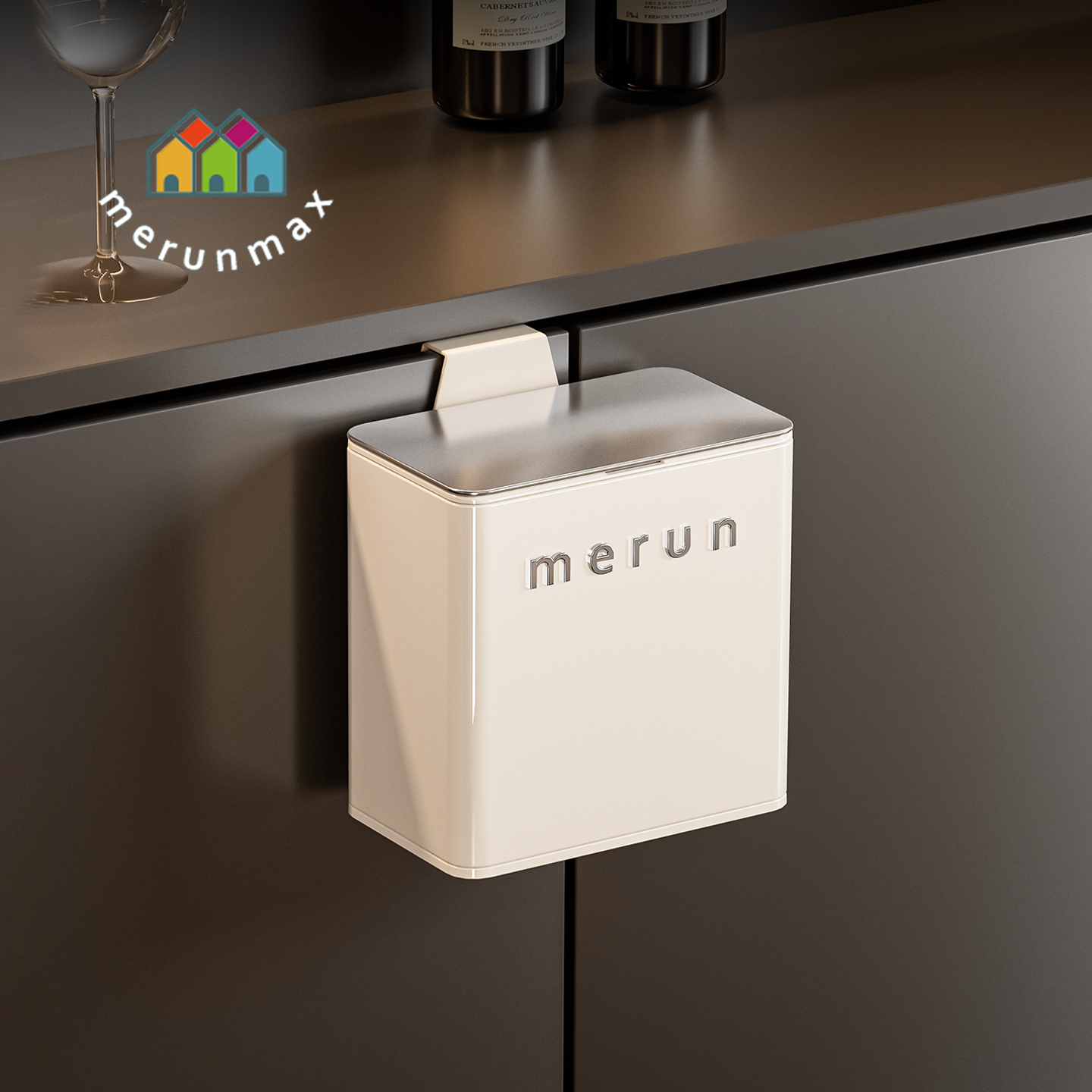 英国merun壁挂垃圾桶不锈钢厨房厕所家用免打孔带盖高颜值奶油白