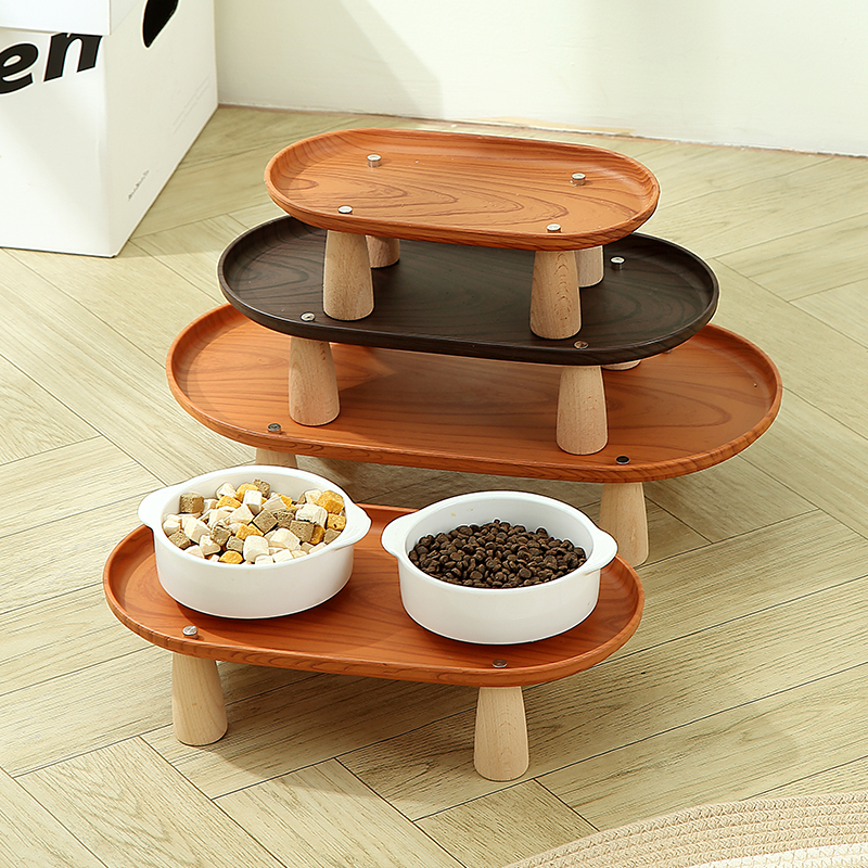 仿木纹椭圆猫碗增高架仿打翻保护颈椎小型犬宠物餐碗饭盆支架餐桌