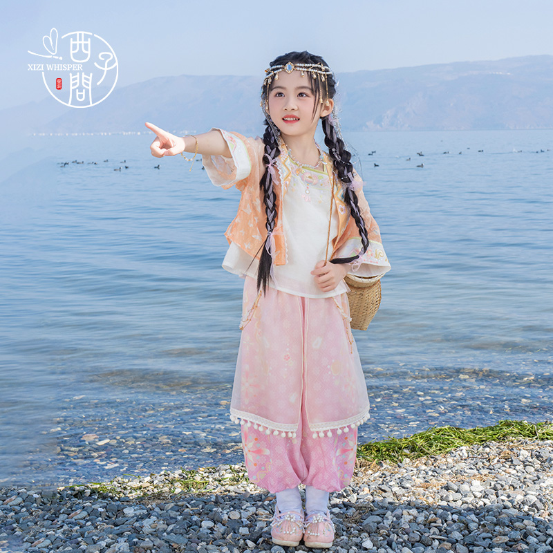 西子问汉服女童春装2025新款儿童新中式上衣国风裤子套装日常蝶苒