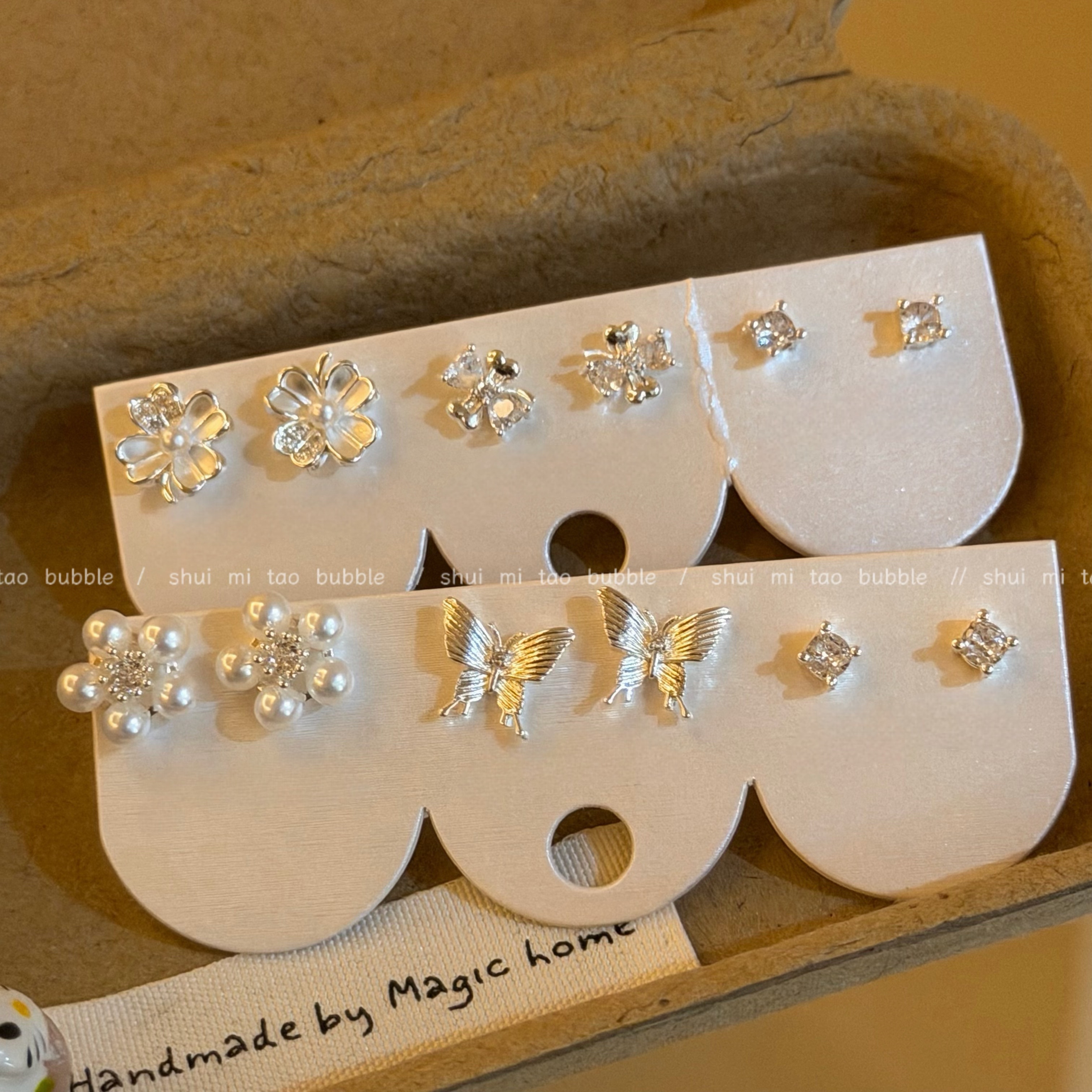 日韩小巧精致银色镶锆石蝴蝶结耳钉三件套女银针甜美爱心气质耳饰