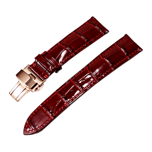 酒红色表带亮光真皮深红暗红亮红皮表带男女表链适配浪琴宝舵格雅