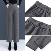 妈妈加绒小阔腿裤 羊毛呢直筒裤 女春秋九分全松紧腰灰人字纹呢子裤
