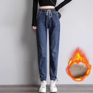 2025春秋加绒加厚哈伦束脚牛仔灯笼裤女韩版百搭学生松紧腰卫裤潮