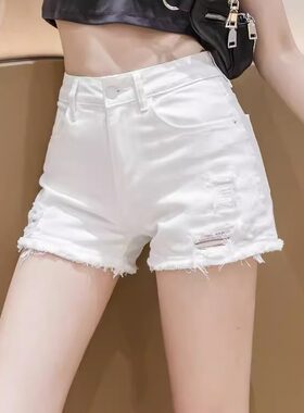 白色牛仔短裤女潮ins2025夏装新款弹力毛边热裤修身百搭韩版高腰