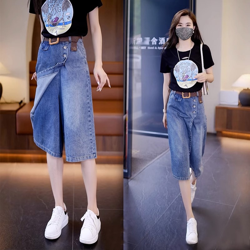 五分牛仔短裤女夏季新款高腰显瘦裙裤薄款直筒六分中裤阔腿热裤子