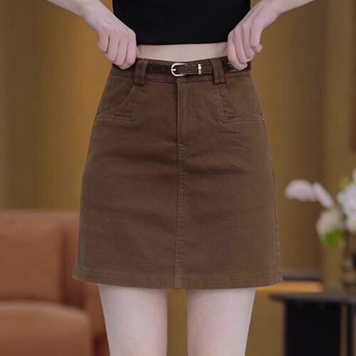 咖啡色高腰牛仔短裙女2025春夏时尚洋气百搭弹力A字半身包臀裙子