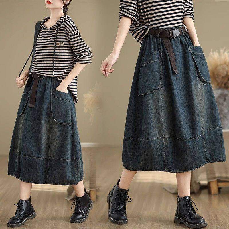 复古中长款牛仔半身裙春秋新款显瘦遮肉长裙大口袋宽松a字花苞裙,女装/女士精品,半身裙,淘宝优惠券,粉丝福利购,淘宝优惠卷