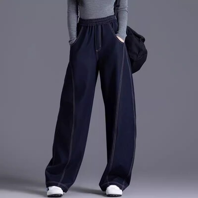 深蓝春秋弯刀阔腿牛仔裤女2026新款春季高腰显瘦设计感丹宁拖地裤