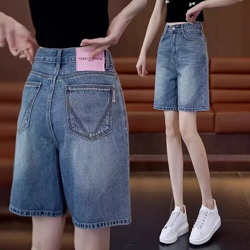五分牛仔短裤女夏季薄款2025新款夏天高腰宽松直筒阔腿休闲5分裤