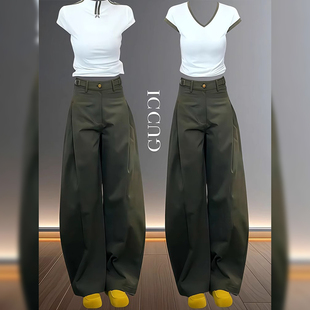 裤 胖mm阔腿裤 女2025秋季 大码 新款 欧货褶皱松紧腰镰刀弯刀香蕉工装