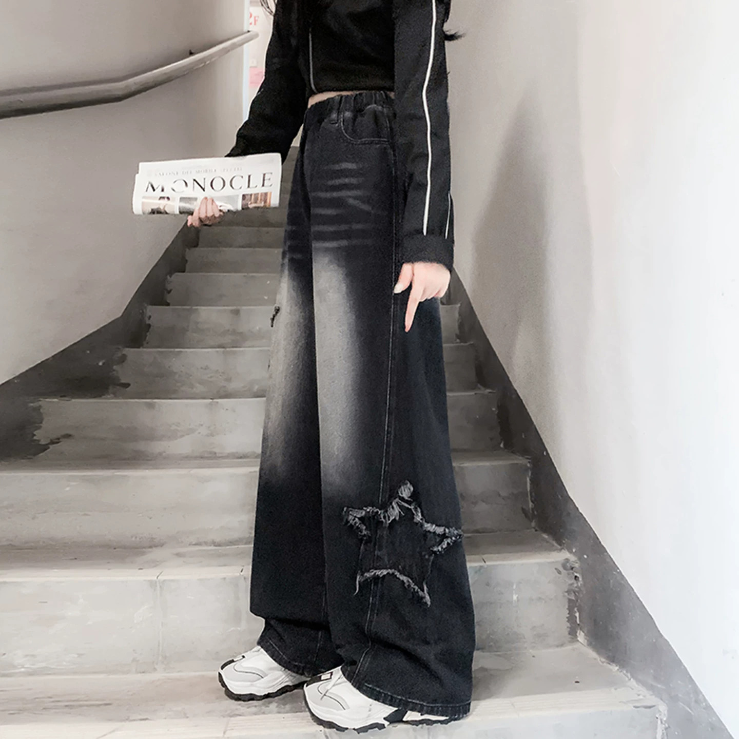 秋冬黑色星星装饰阔腿牛仔裤女2026加绒大码高腰显瘦宽松辣妹长裤