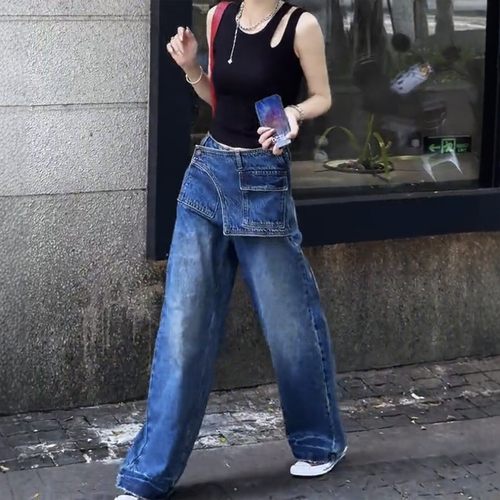 今年流行欧货阔腿牛仔裤女2025秋季新款时尚拼接高腰显瘦直筒长裤