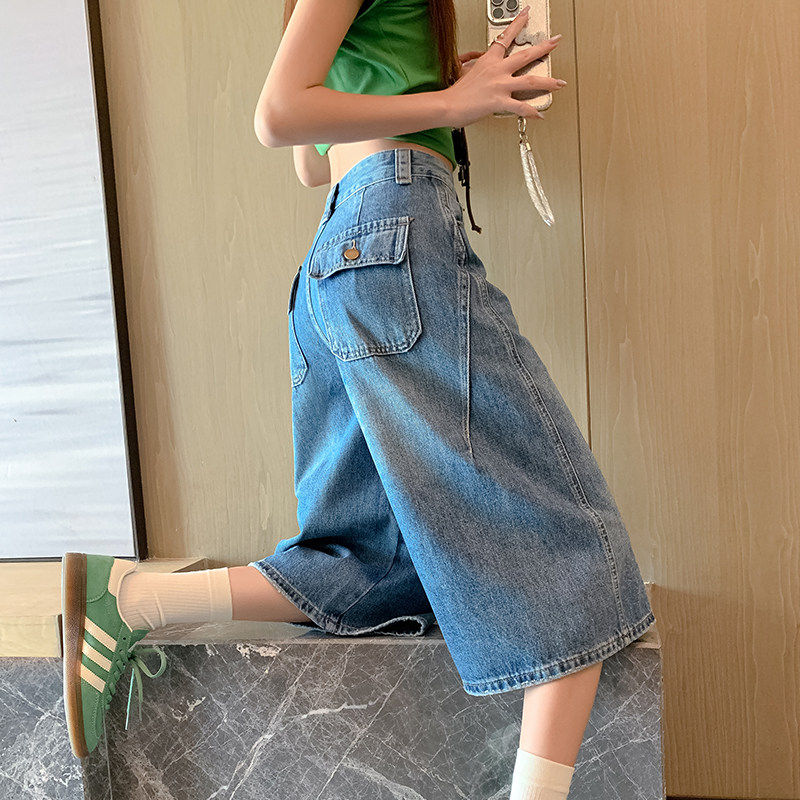 美式复古七分牛仔裤女夏季薄款2026新款高腰宽松休闲弯刀阔腿中裤图片