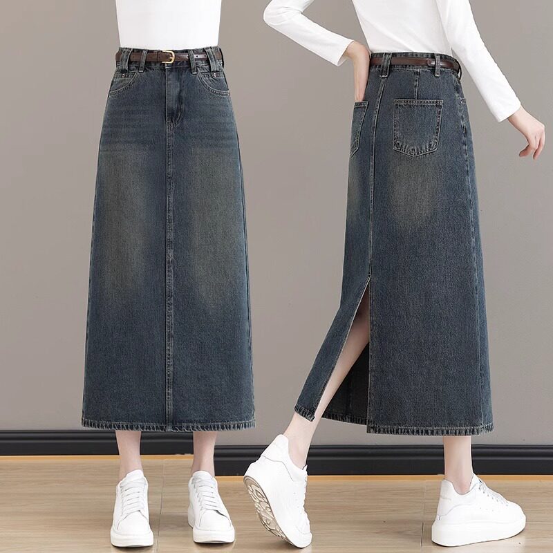 梨形身材大码牛仔半身裙女春秋2025新款胖mm中长款a字开叉包臀裙 - 封面