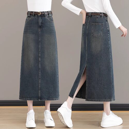 梨形身材大码牛仔半身裙女春秋2025新款胖mm中长款a字开叉包臀裙