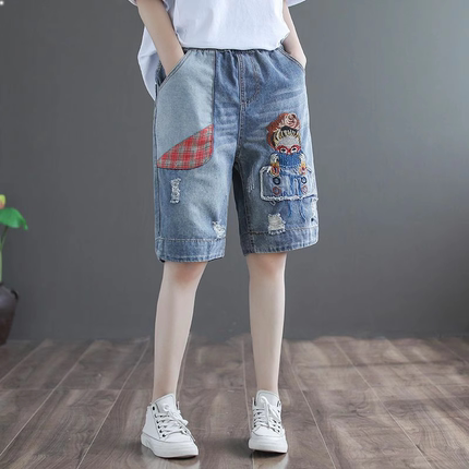 薄款牛仔五分裤女夏季新款复古文艺刺绣宽松大码高腰直筒短裤流行