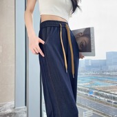 女休闲垂感冰丝直筒拖地裤 大码 薄款 深蓝色阔腿天丝牛仔裤 女装 夏季