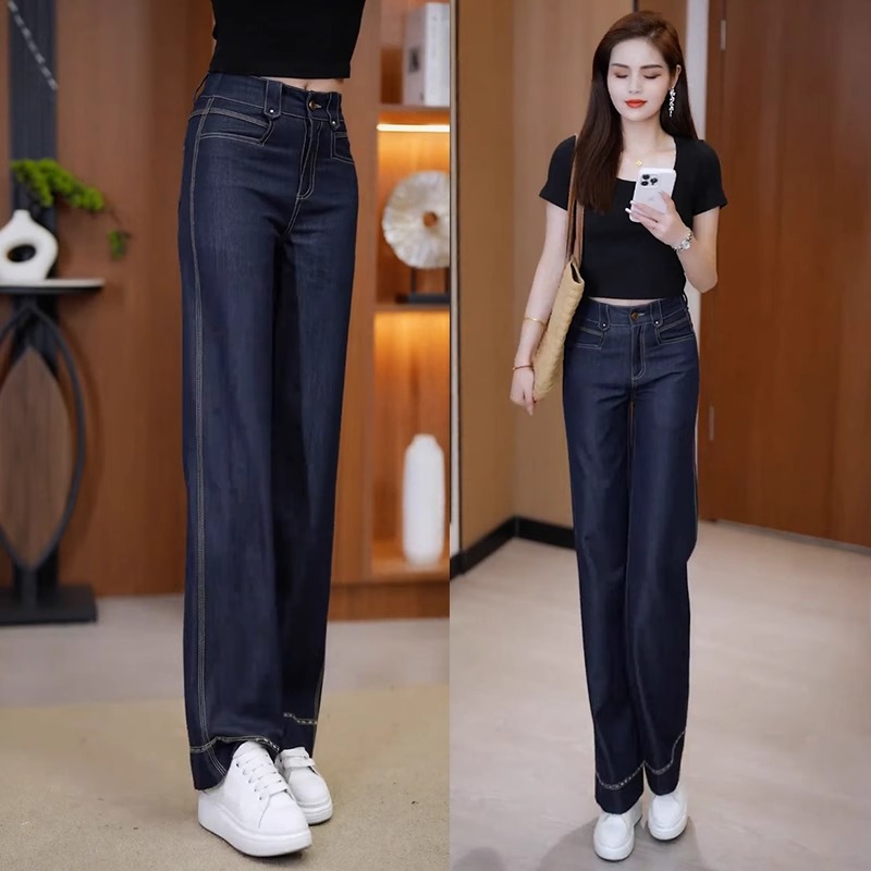 丹宁蓝高腰垂感宽松女2025夏季新款拖地休闲窄版直筒裤阔腿牛仔裤
