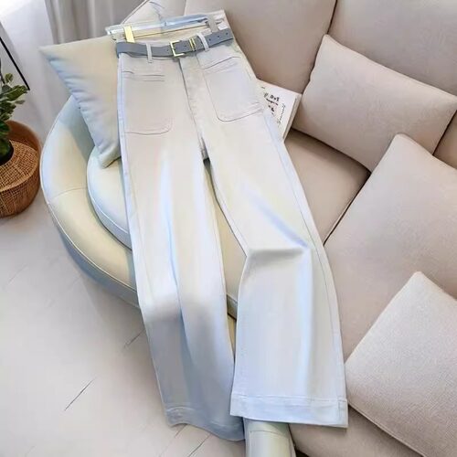 灰白色阔腿牛仔裤女2025新款春季爆款裤子窄版直筒裤高腰宽松裤子