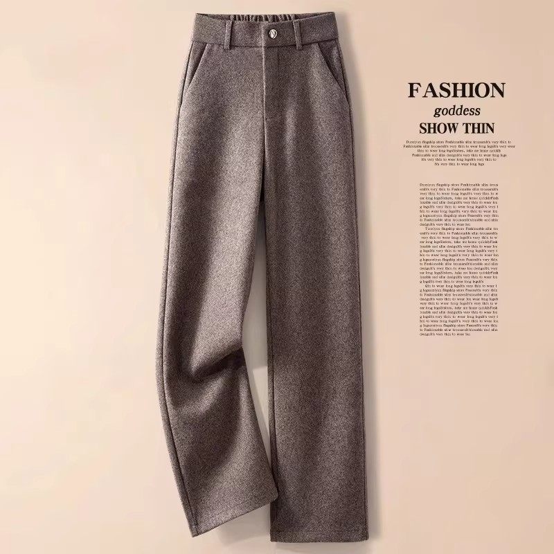 人字纹后松紧毛呢阔腿裤女2025新款春秋季保暖加绒高级感窄版裤子,女装/女士精品,休闲裤,淘宝优惠券,粉丝福利购,淘宝优惠卷