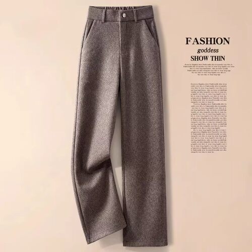 毛呢阔腿裤女2025秋冬季新款高腰人字纹加绒加厚窄版直筒休闲裤子